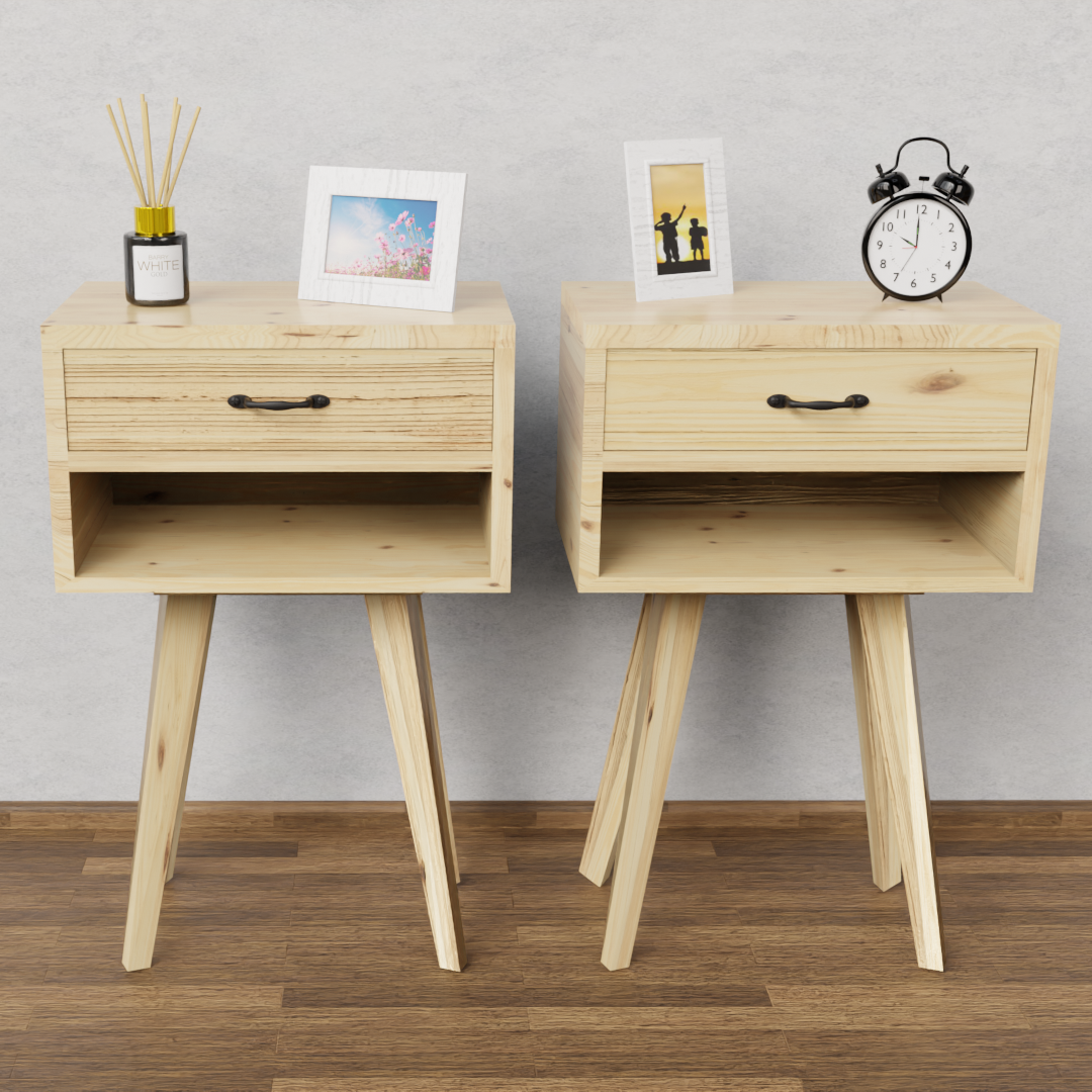 Mesa de Luz Retro vintage Pino con Cajón Combo x2