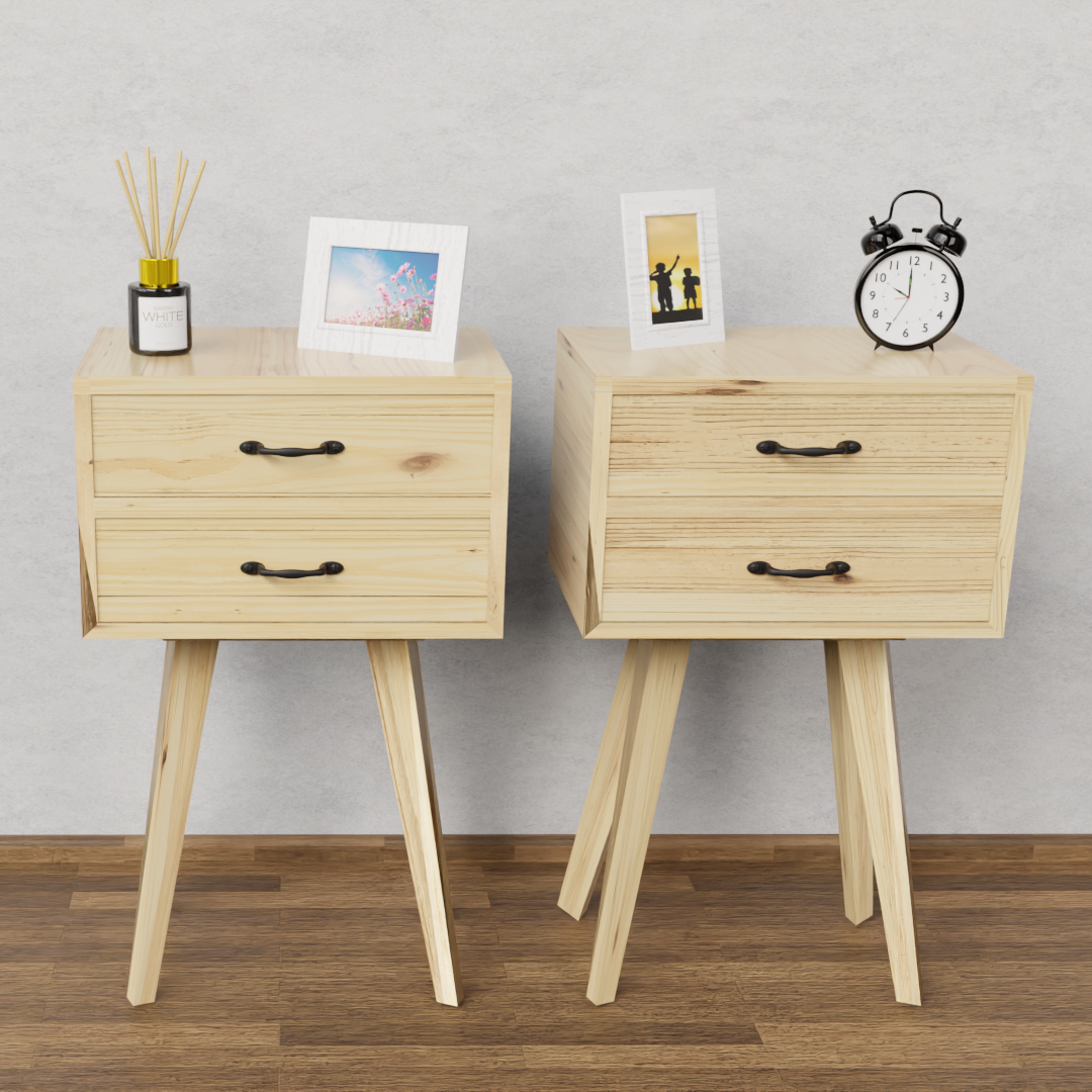 Mesa De Luz Retro Pino 2 Cajones y Herraje Combo x2